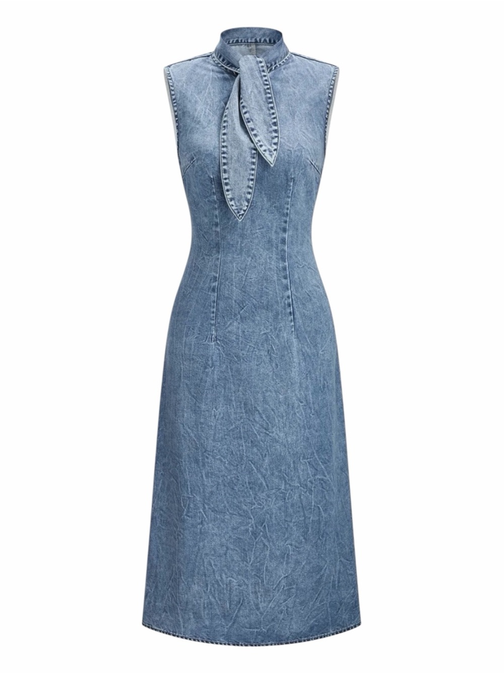 Commense Denim Tie Neck Midi Dress Light Blue Medium NWT Cotton Blend